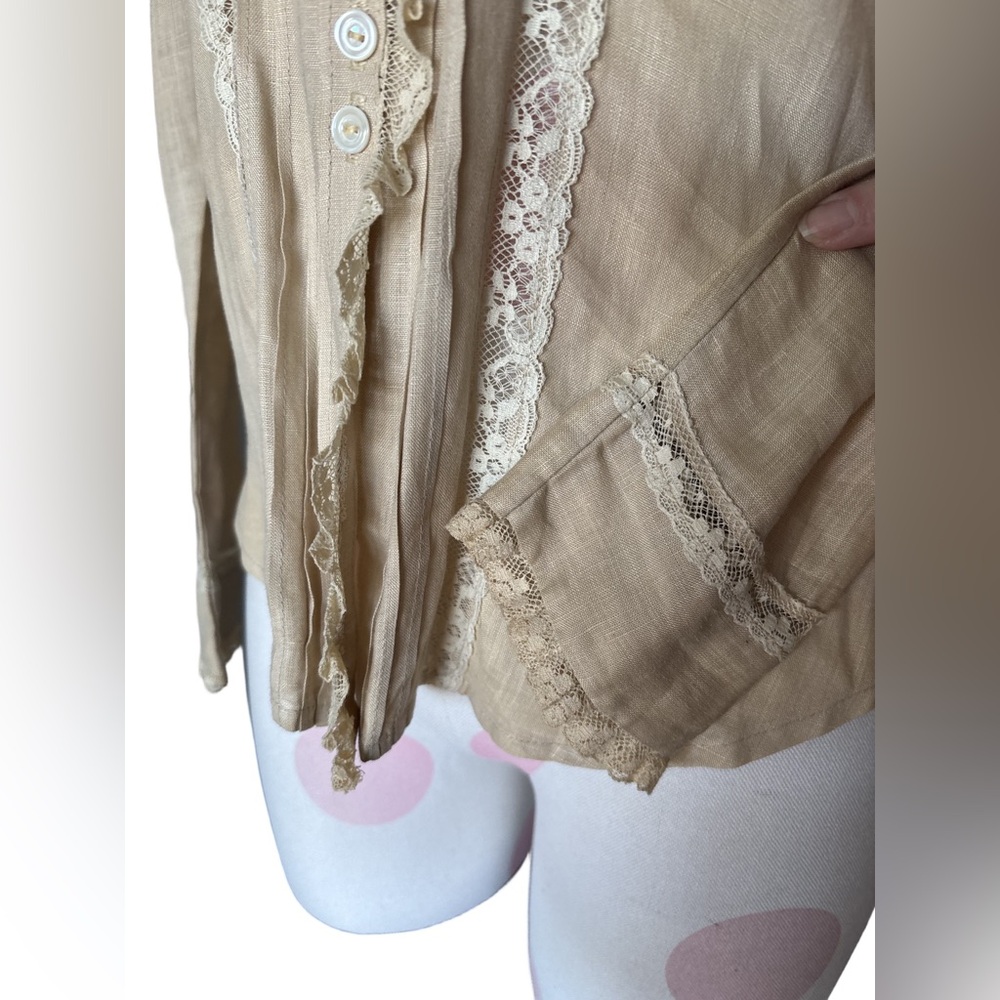 Victorian Prairie Cottagecore Linen Lace Blouse – Beige – S - Picture 9 of 11
